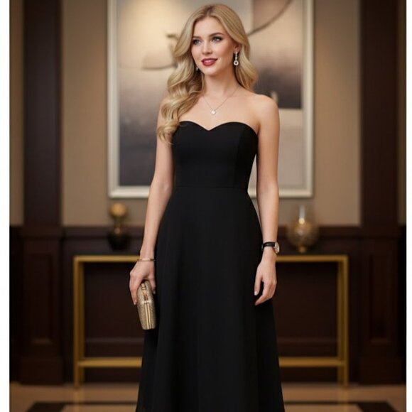 Dessy Collection LBD Strapless Cocktail Dress 2 Midi Black Chiffon Formal Prom - Picture 13 of 13